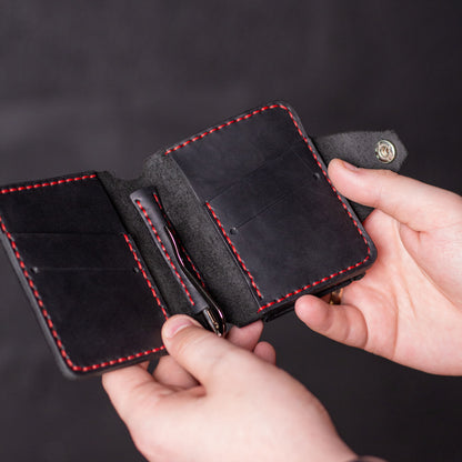 Wallet with money-clip Slim, black with red thread