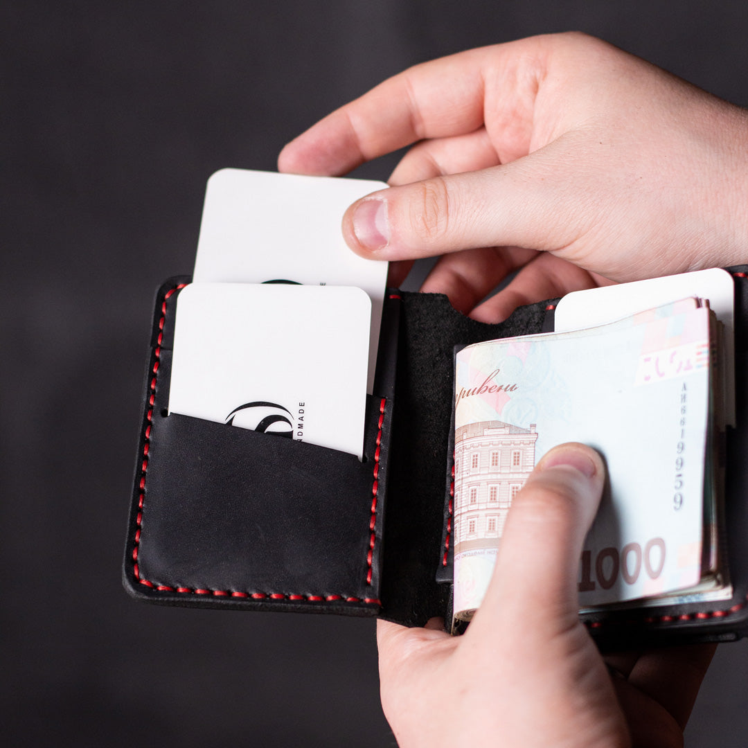 Wallet with money-clip Slim, black with red thread