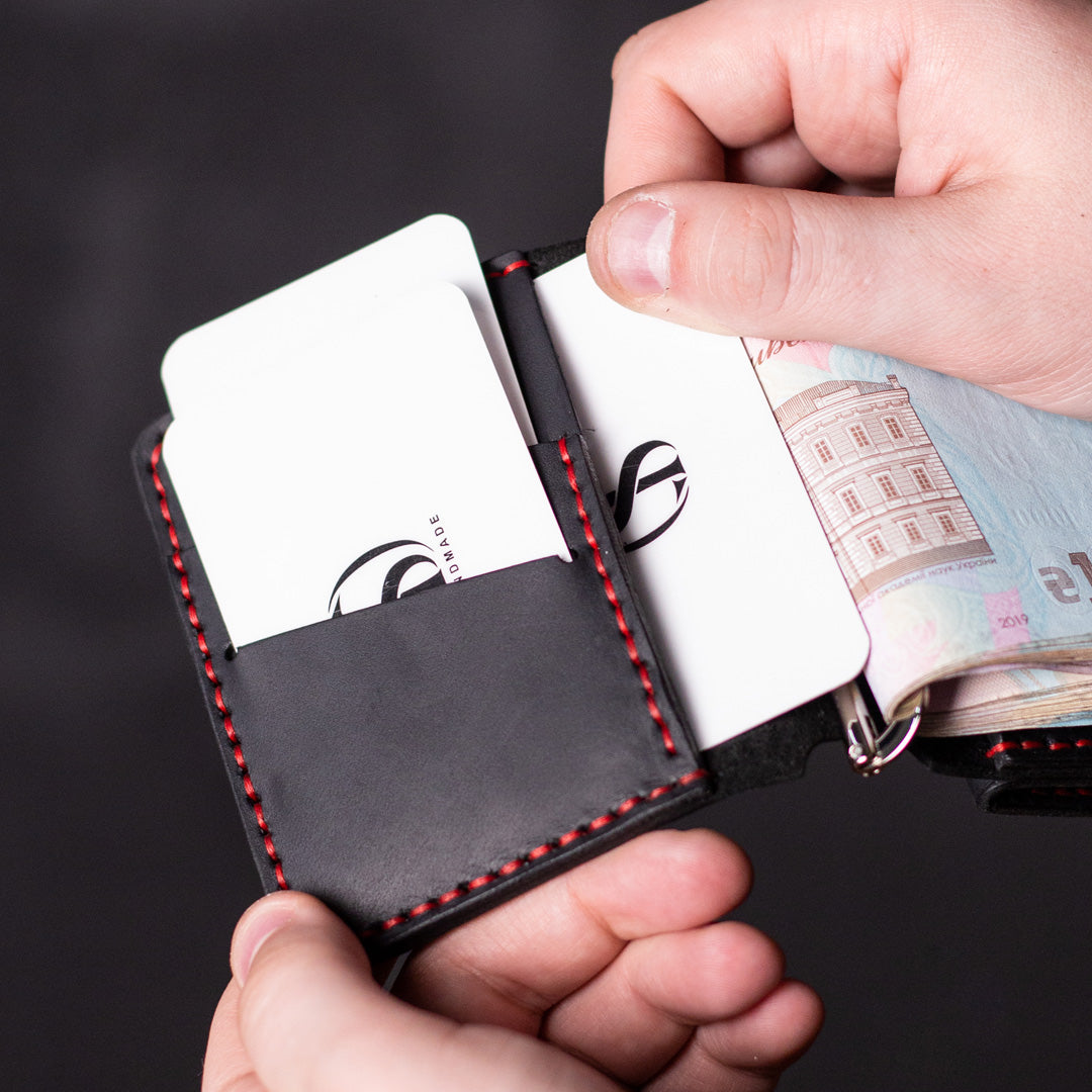 Wallet with money-clip Slim, black with red thread