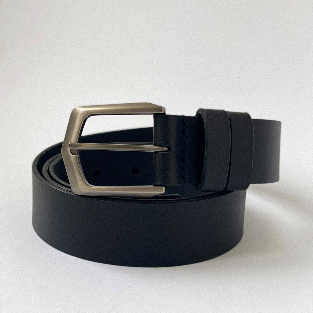 Black leather belt with gun steel buckle