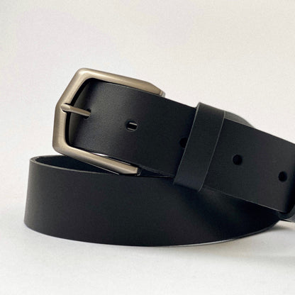 Black leather belt with gun steel buckle