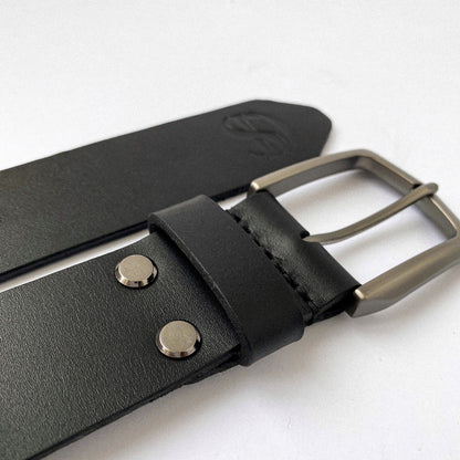 Black leather belt with gun steel buckle