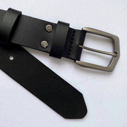 Black leather belt with gun steel buckle